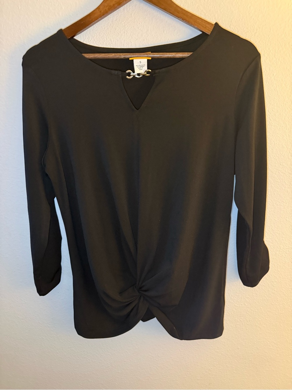 Ruby Rd. Black Twist-Front 3/4 Sleeve Blouse with Keyhole Accent
